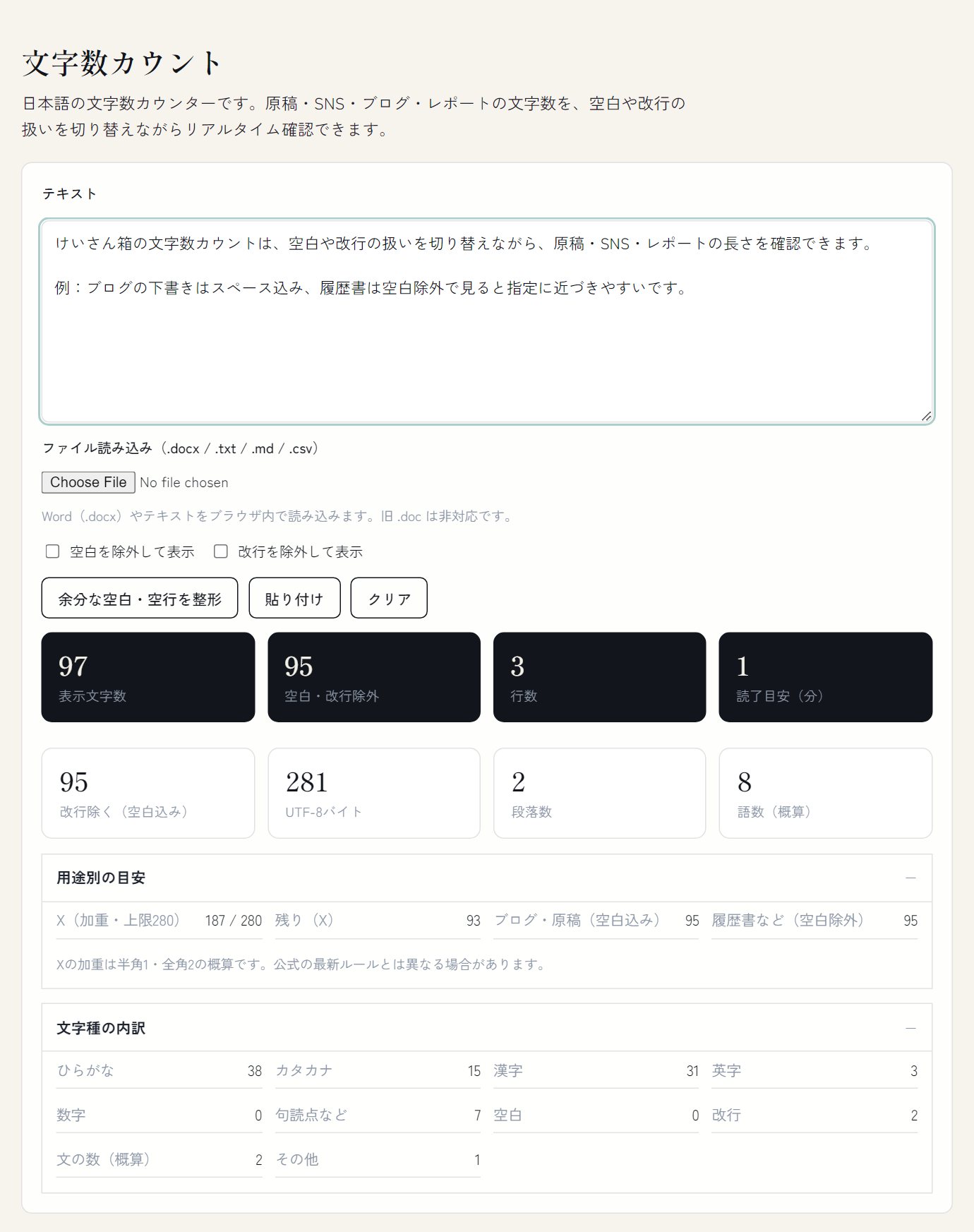文字数カウント画面。表示文字数・空白除外・用途別目安・文字種内訳が表示されている